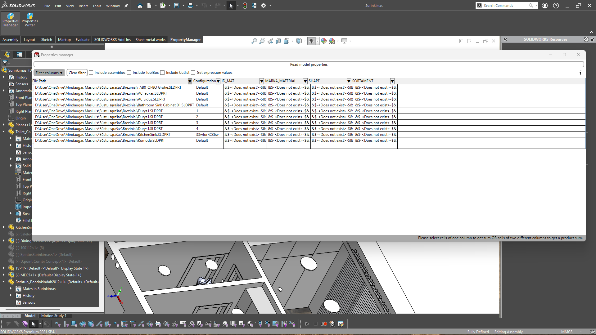 Property Manager interface showing component properties in table view