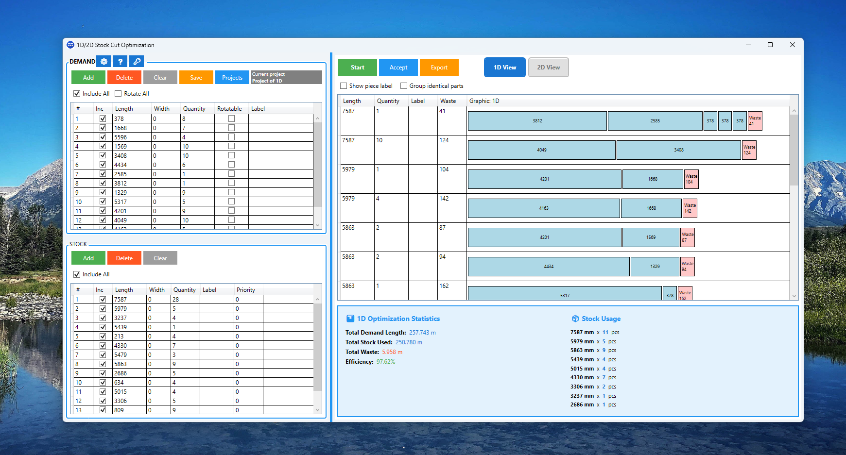 Stock Cut Optimization material usage overview